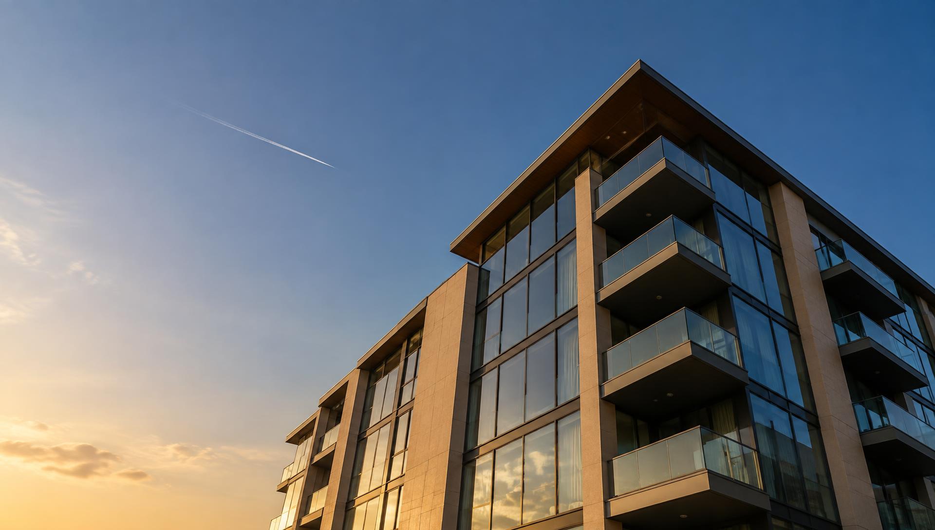 Mid-century hotel façade against a clear late-afternoon sky